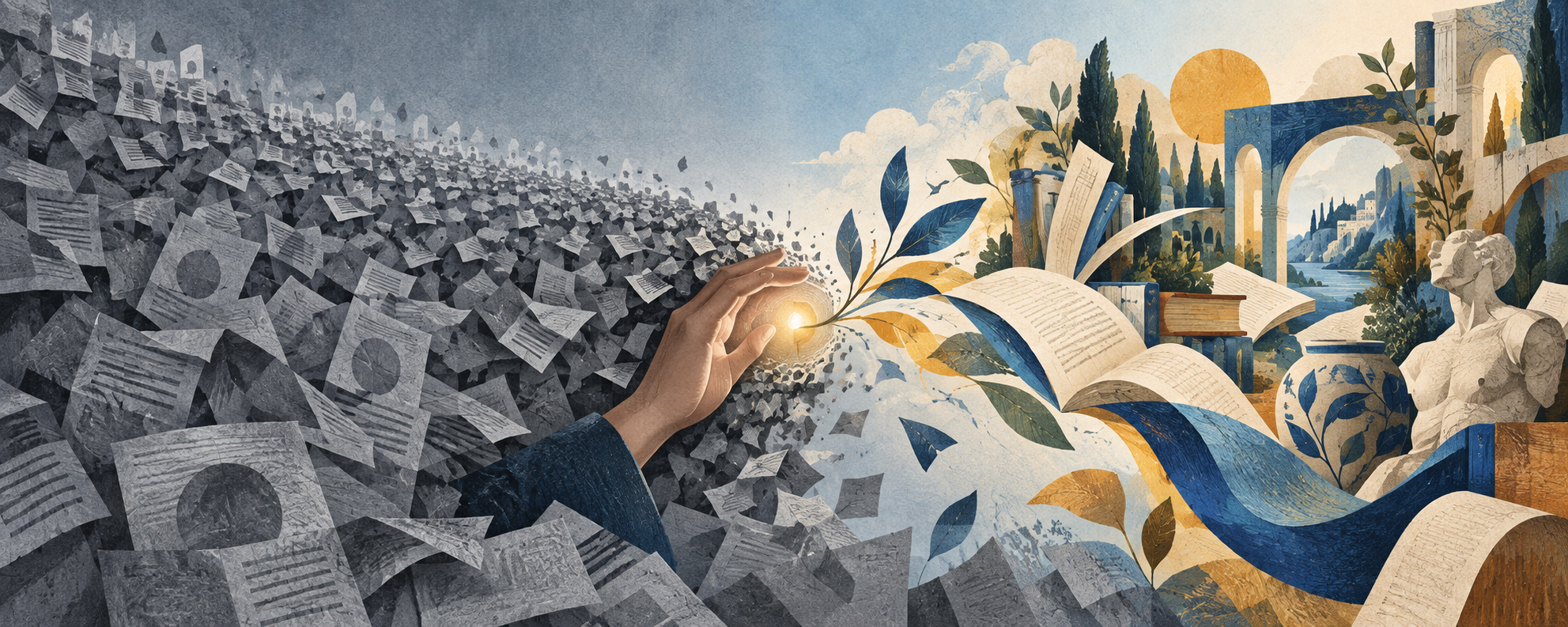 A human idea transforming repeated grey pages into a vivid creative world